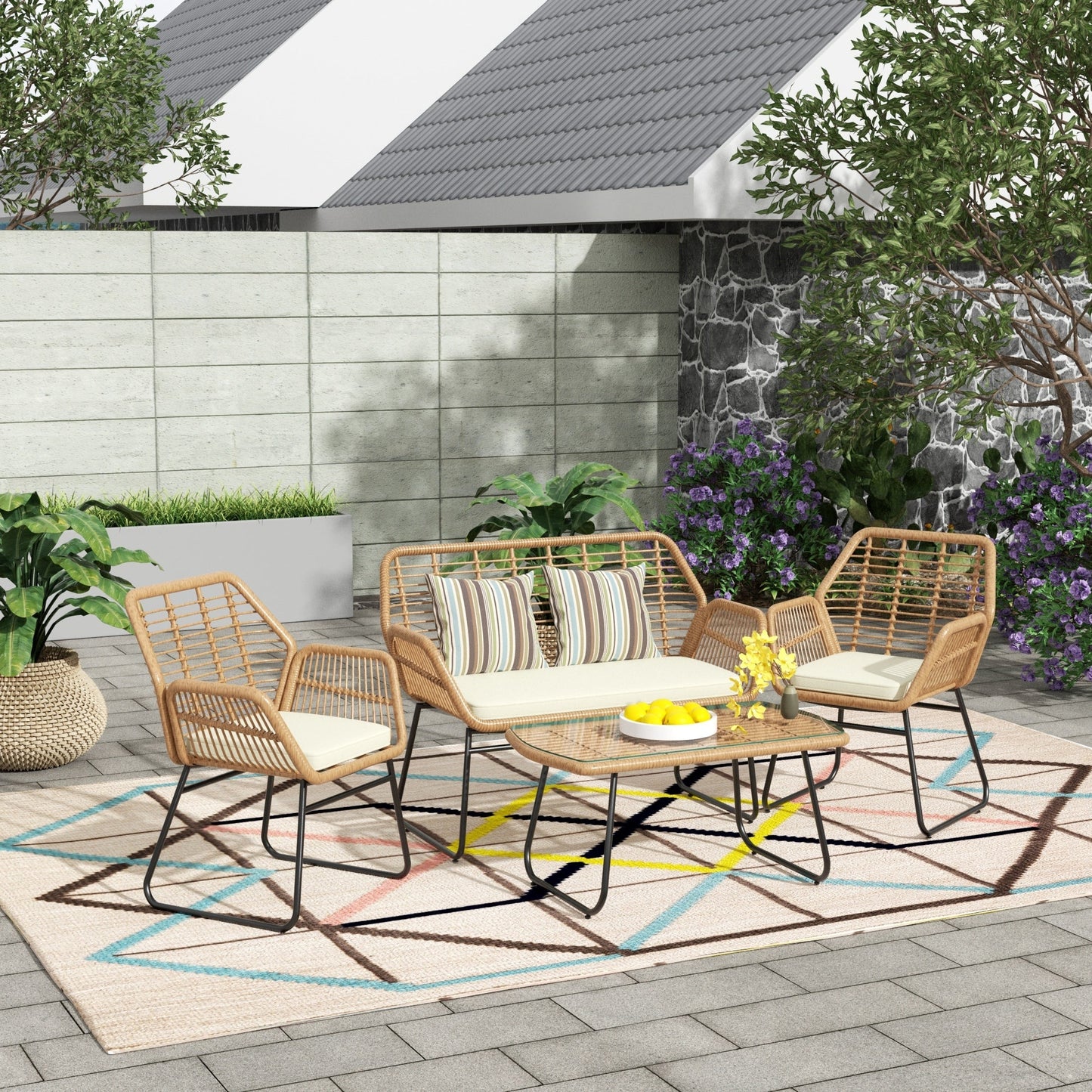 Set da conversazione per patio in vimini da esterno Arden da 4 pezzi con cuscini