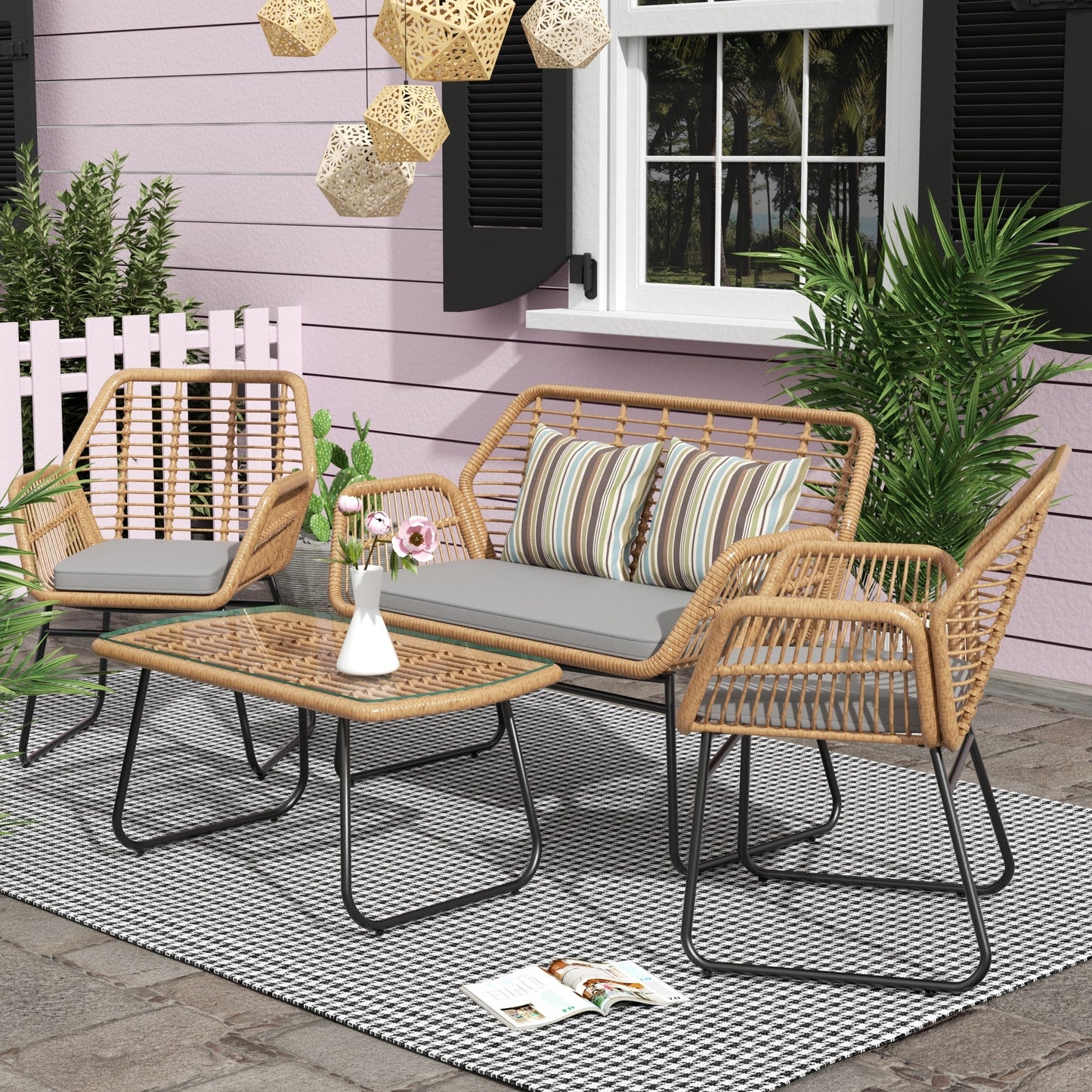 Set da conversazione per patio in vimini da esterno Arden da 4 pezzi con cuscini