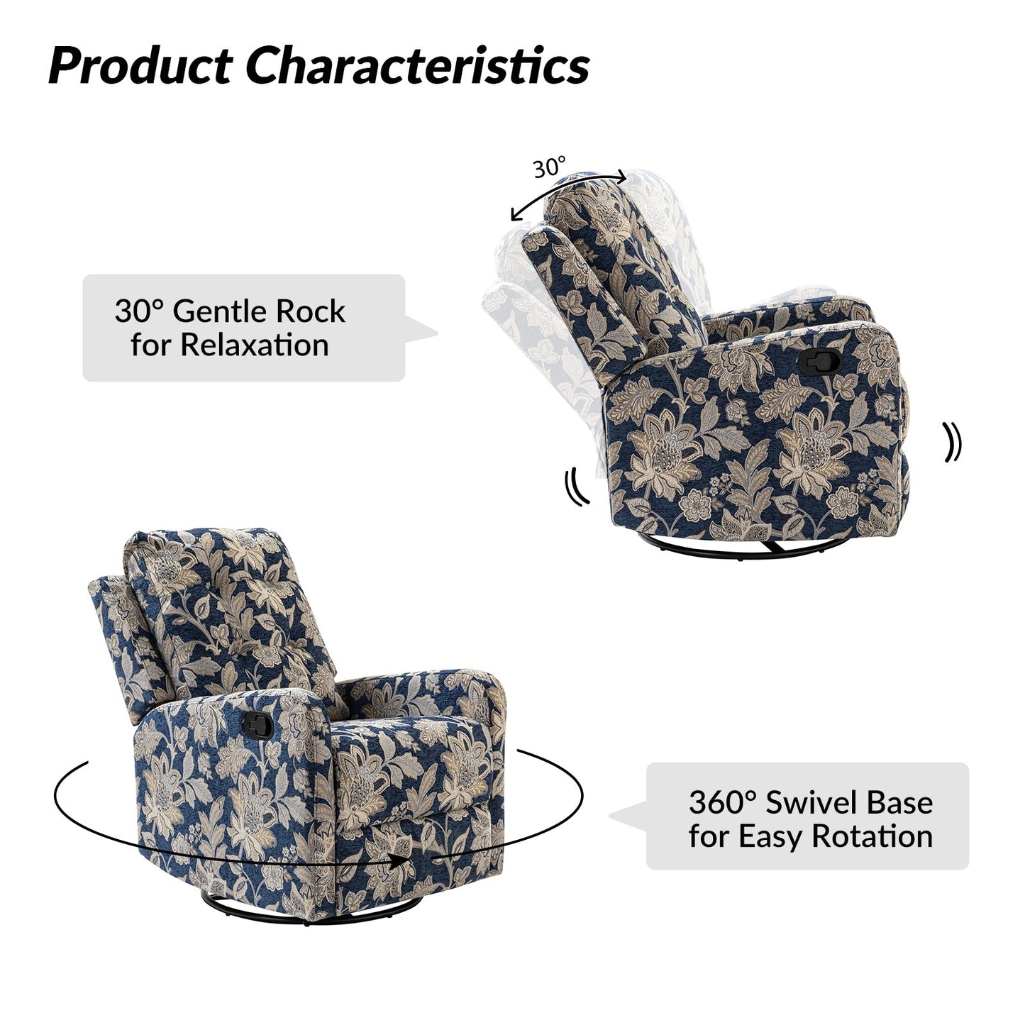 Poltrona reclinabile manuale Arlette Floral con schienale imbottito, set da 2