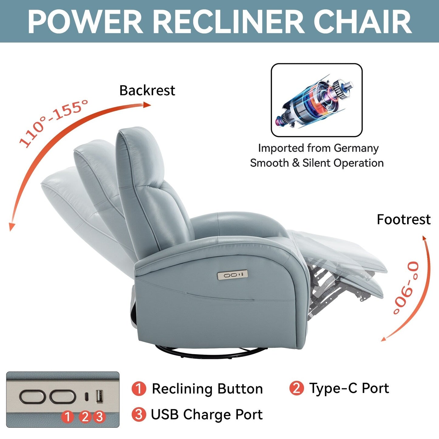 Poltrona reclinabile Power Glider senza braccioli con ricarica USB-C e schienale alto