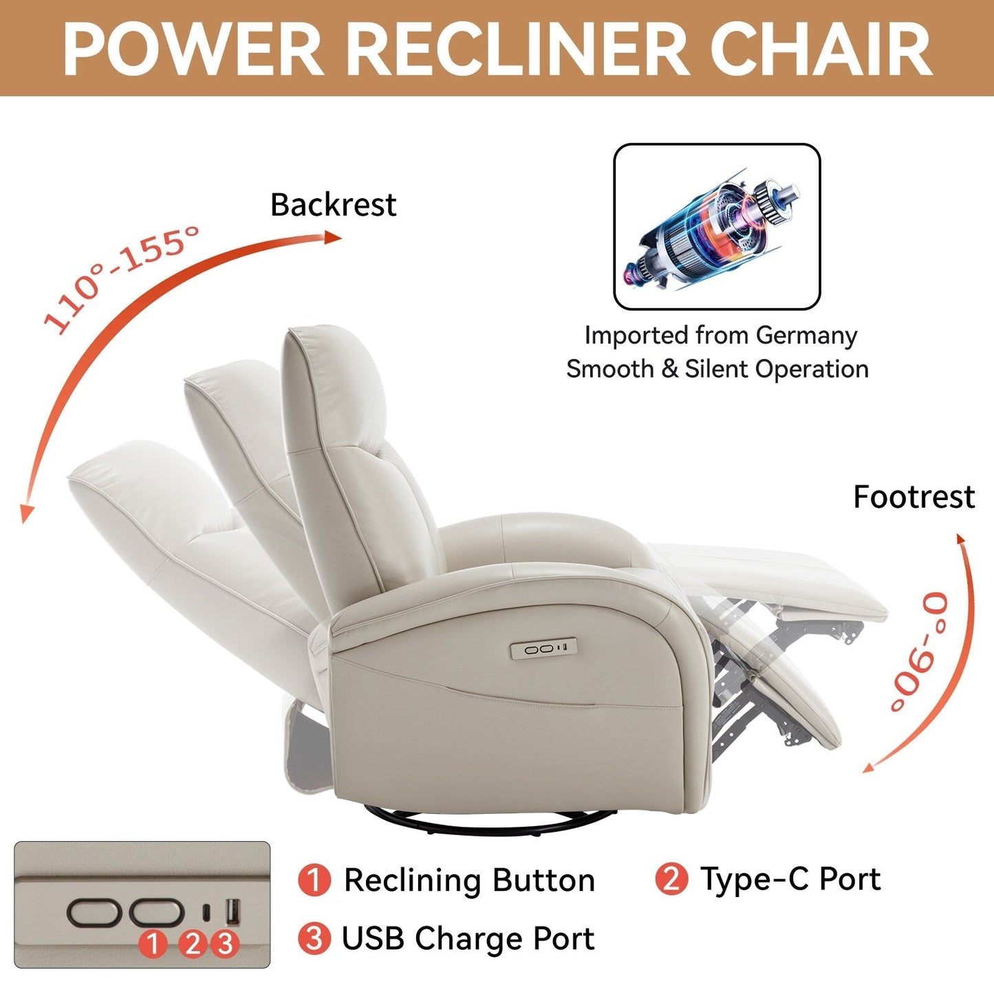 Poltrona reclinabile girevole Power Glider senza braccioli con USB e schienale alto