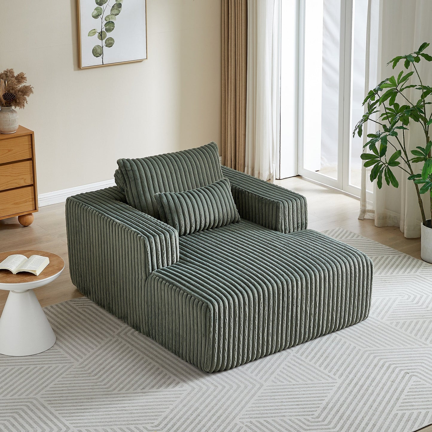 Poltrona lounge moderna in velluto a coste verde militare da 62,5 pollici con 2 cuscini per soggiorno