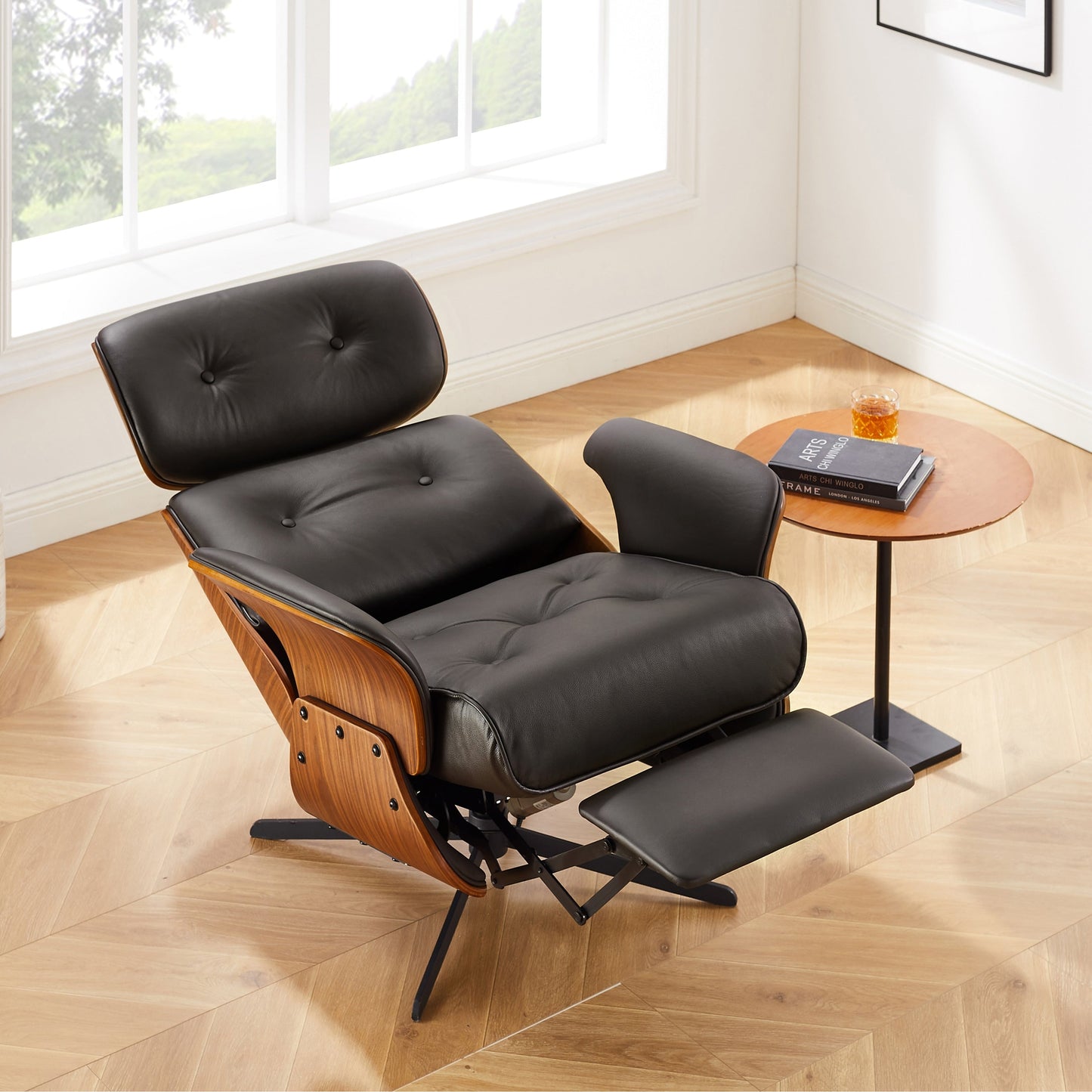 Poltrona reclinabile Art Leon Mid-Century Modern in vera pelle