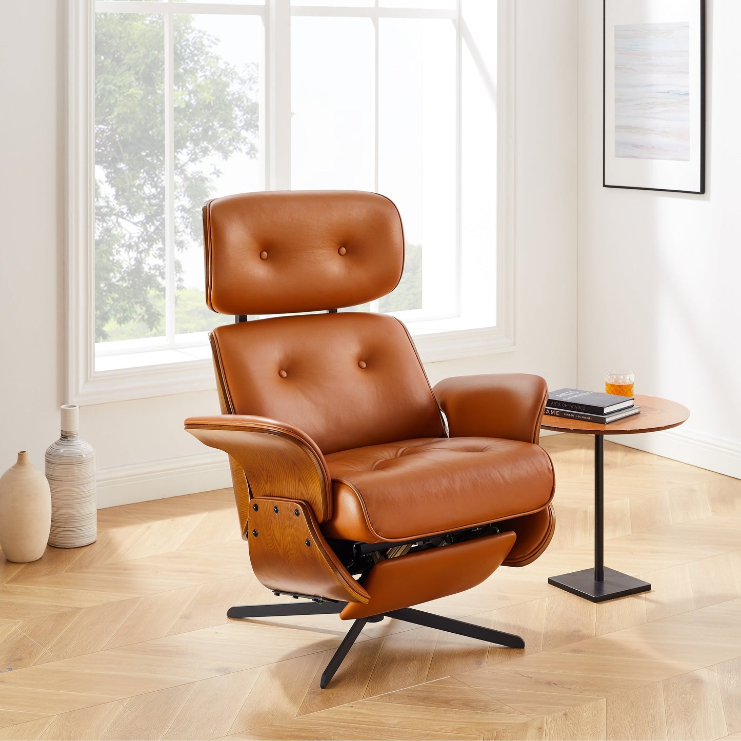 Poltrona reclinabile Art Leon Mid-Century Modern in vera pelle