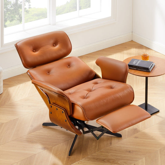 Poltrona reclinabile Art Leon Mid-Century Modern in vera pelle
