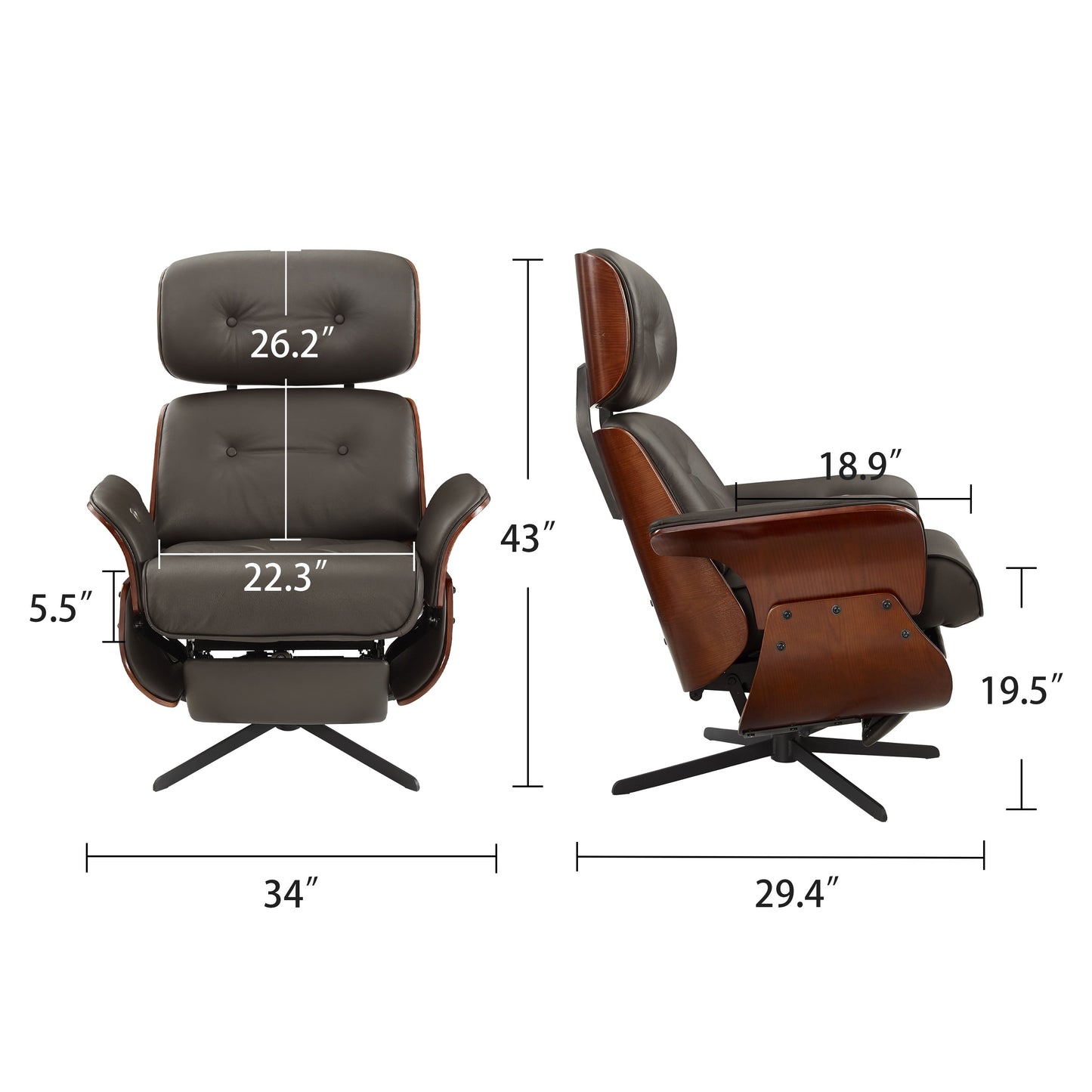 Poltrona reclinabile Art Leon Mid-Century Modern in vera pelle