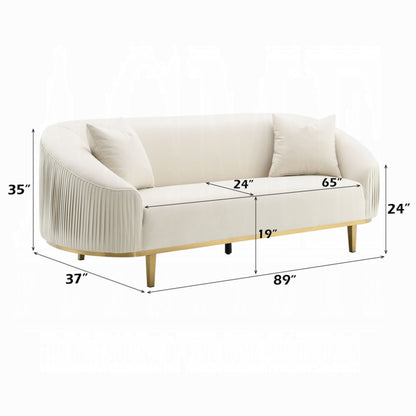 Divano Artina, 2 cuscini decorativi, velluto avorio, metallo dorato, 89 pollici