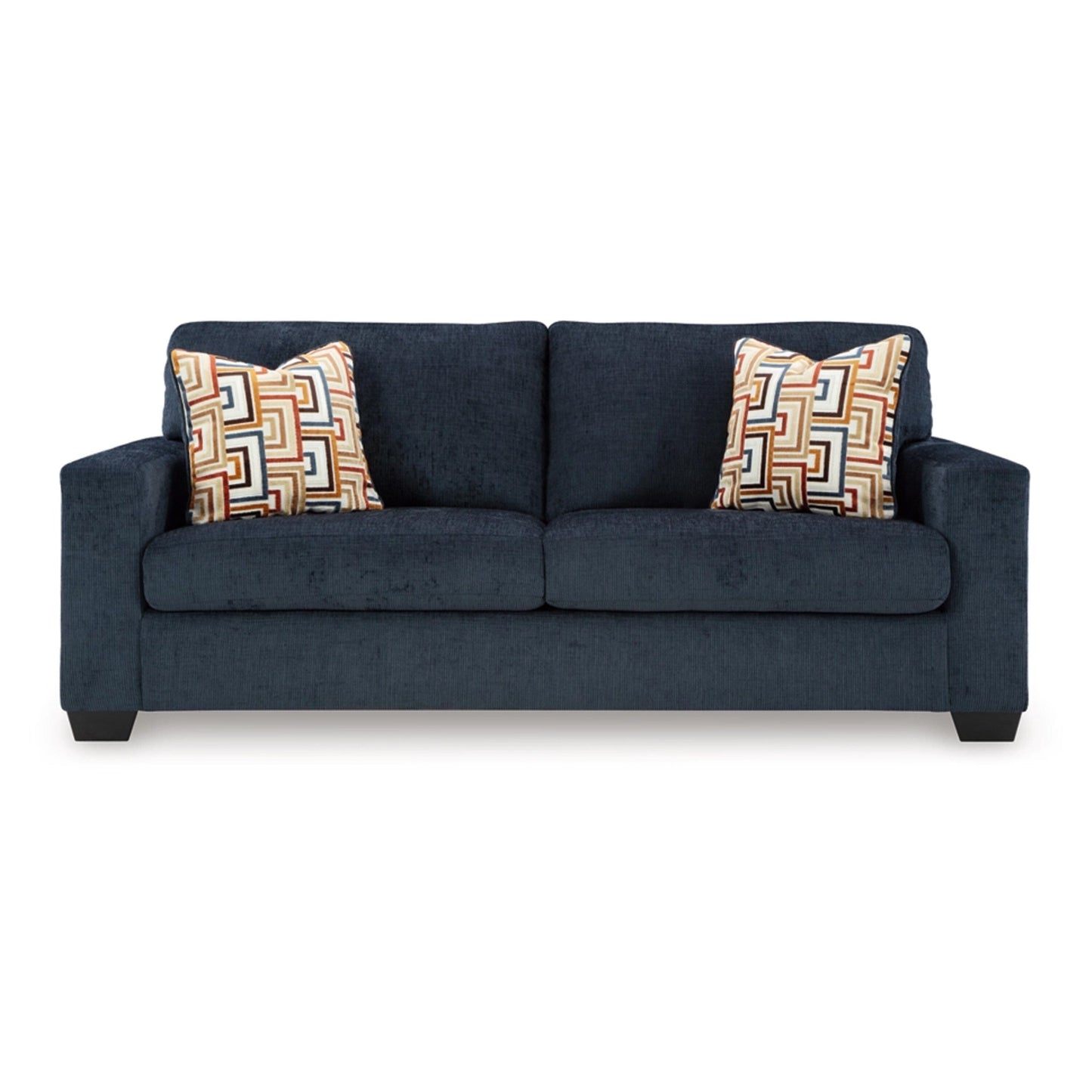 Divano letto matrimoniale Avie, 2 cuscini decorativi, poliestere blu navy, 85 pollici
