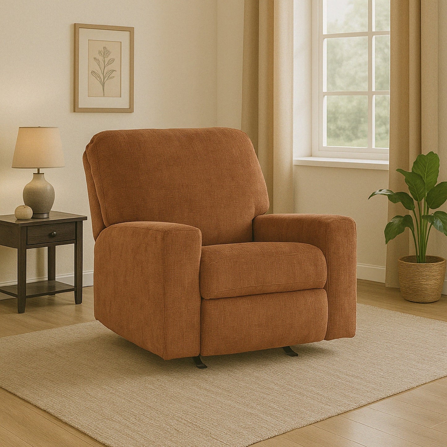 Poltrona reclinabile Avie Rocker, movimento delicato, poliestere arancione bruciato