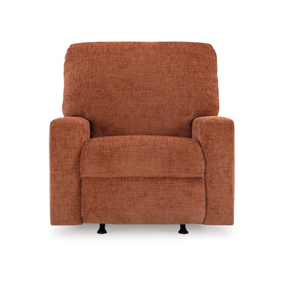 Poltrona reclinabile Avie Rocker, movimento delicato, poliestere arancione bruciato