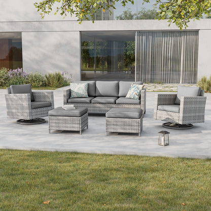 BONOSUKI 5 pezzi set di mobili da giardino girevoli e dondolo in rattan grigio