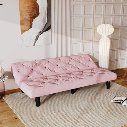 Divano letto a 3 posti in velluto rosa baby 66 con robusta struttura in legno e cuscino in schiuma altamente elastica per soggiorno