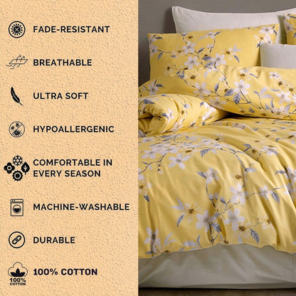 Set copripiumino in cotone giallo e grigio Bahar Cherry Blossom