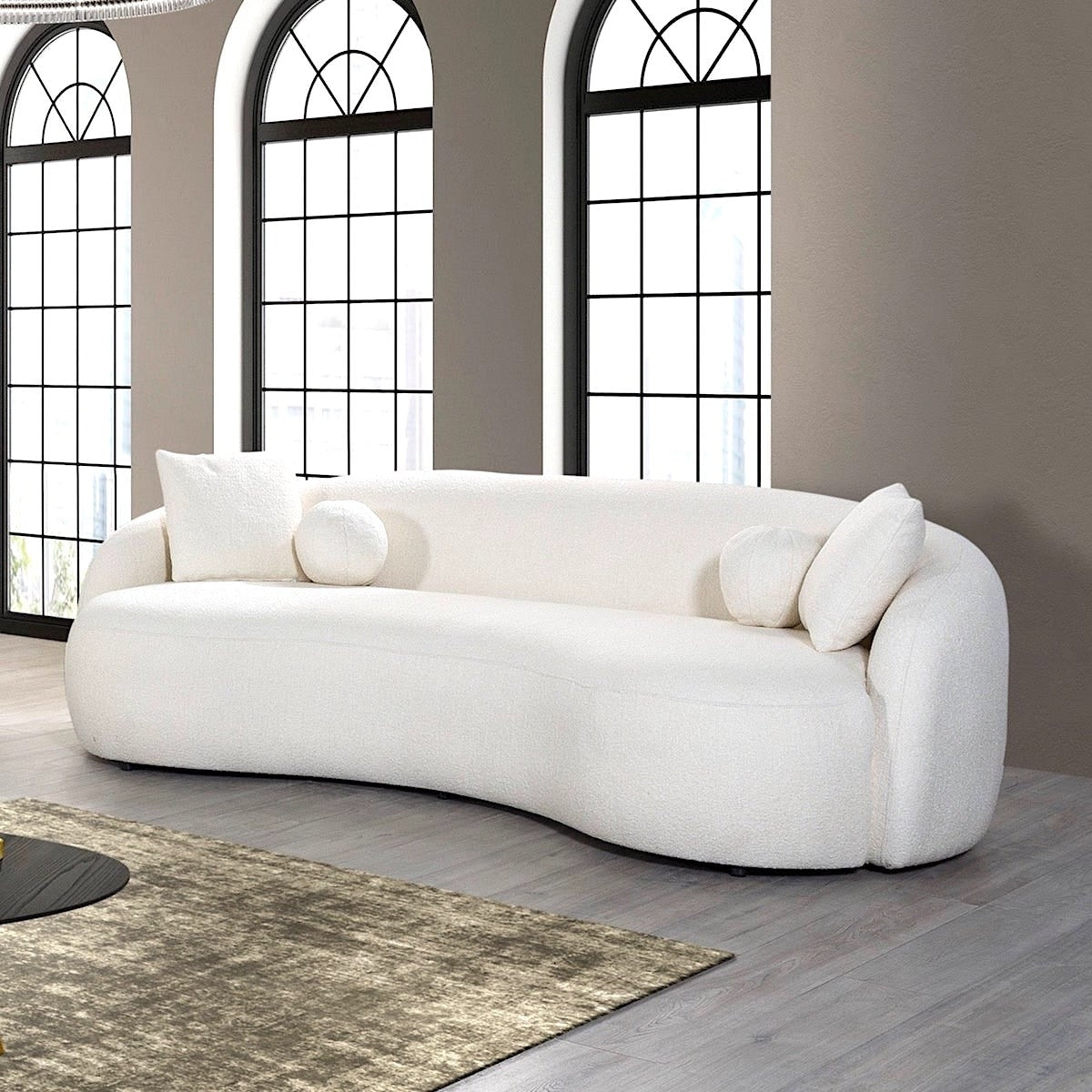 Divano Baker Mid-Century rivestito in tessuto bouclé francese color crema