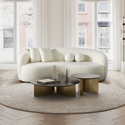 Divano Baker Mid-Century rivestito in tessuto bouclé francese color crema