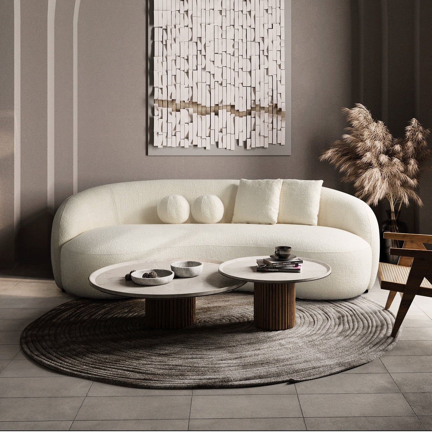 Divano Baker Mid-Century rivestito in tessuto bouclé francese color crema