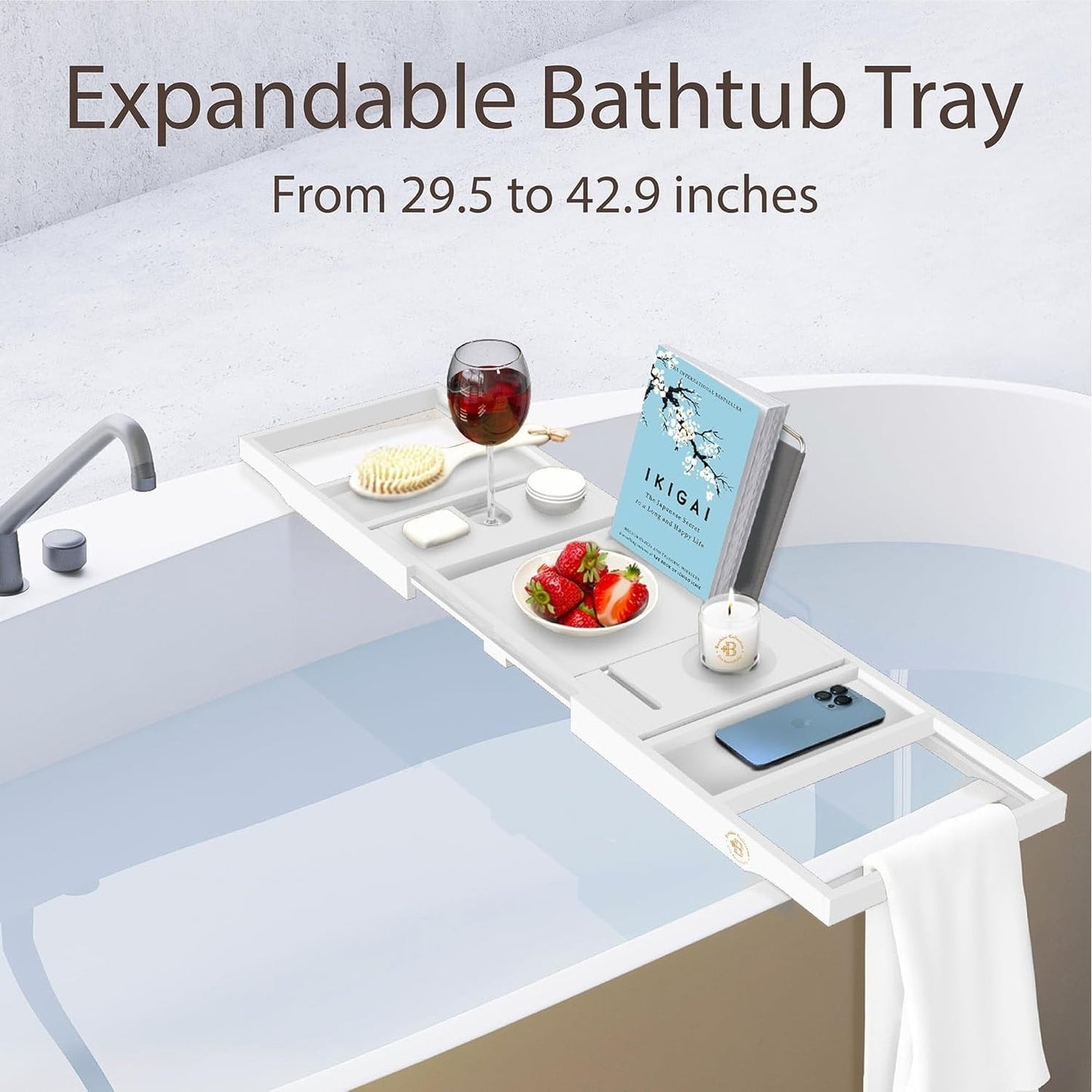 Vassoio per vasca da bagno in bambù - Vassoio espandibile per vasca, porta libri e tablet - Tavolo da bagno, vassoio per vasca, portaoggetti per vasca, design pieghevole