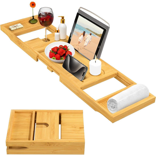 Vassoio per vasca da bagno in bambù - Vassoio espandibile per vasca, porta libri e tablet - Tavolo da bagno, vassoio per vasca, portaoggetti per vasca, design pieghevole