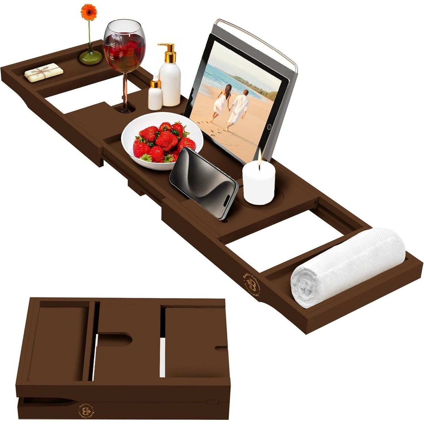 Vassoio per vasca da bagno in bambù - Vassoio espandibile per vasca, porta libri e tablet - Tavolo da bagno, vassoio per vasca, portaoggetti per vasca, design pieghevole