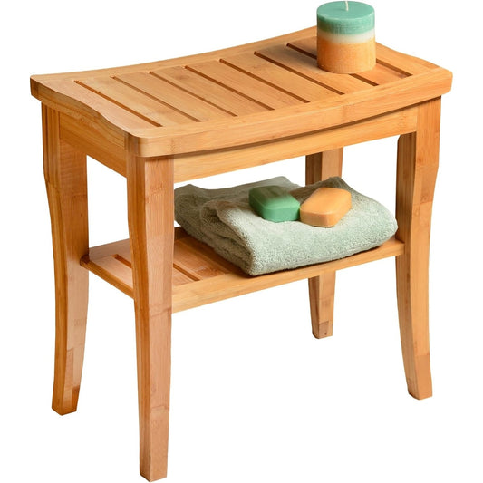Sgabello da doccia in bambù per spa - Seduta in legno a 2 livelli, poggiapiedi, sgabello da barba con piedini antiscivolo + ripiano portaoggetti