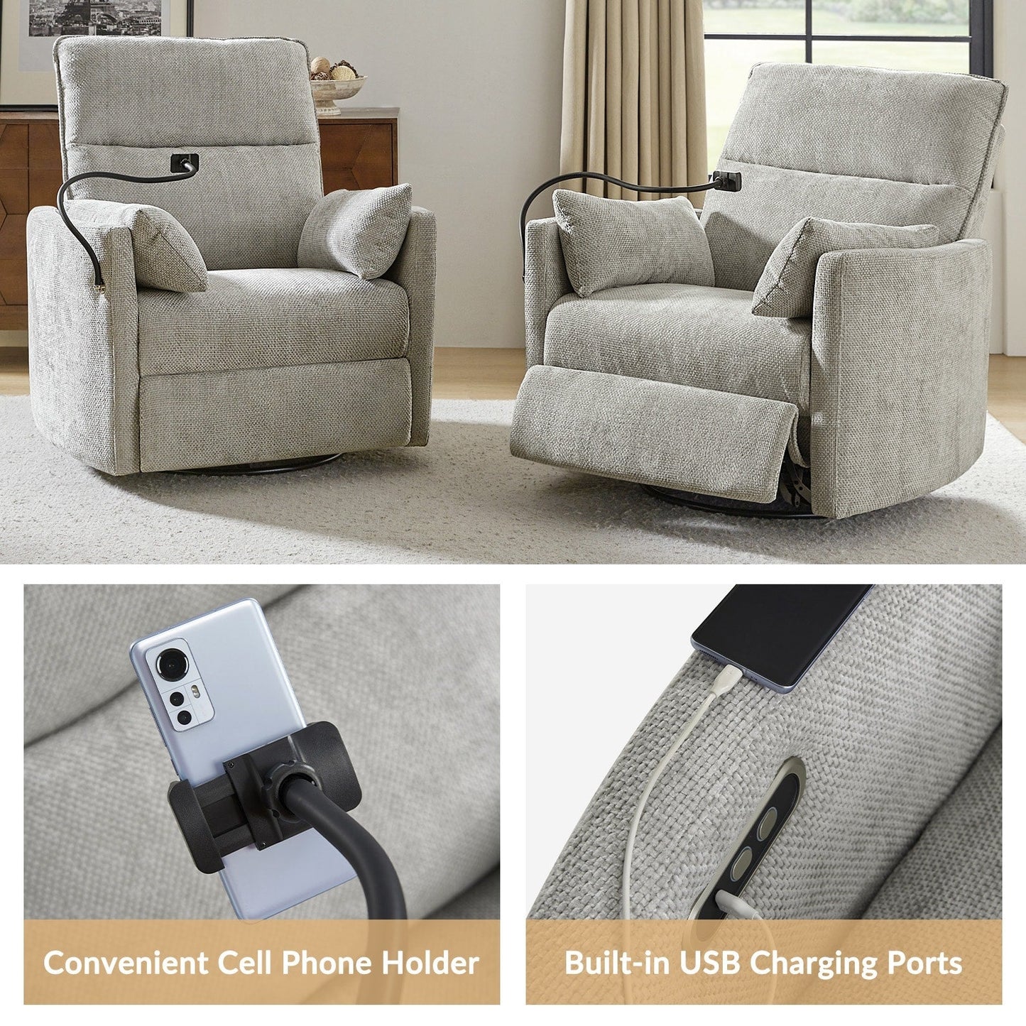 Poltrona reclinabile girevole a dondolo Barry Modern 38 con porte USB di HULALA HOME