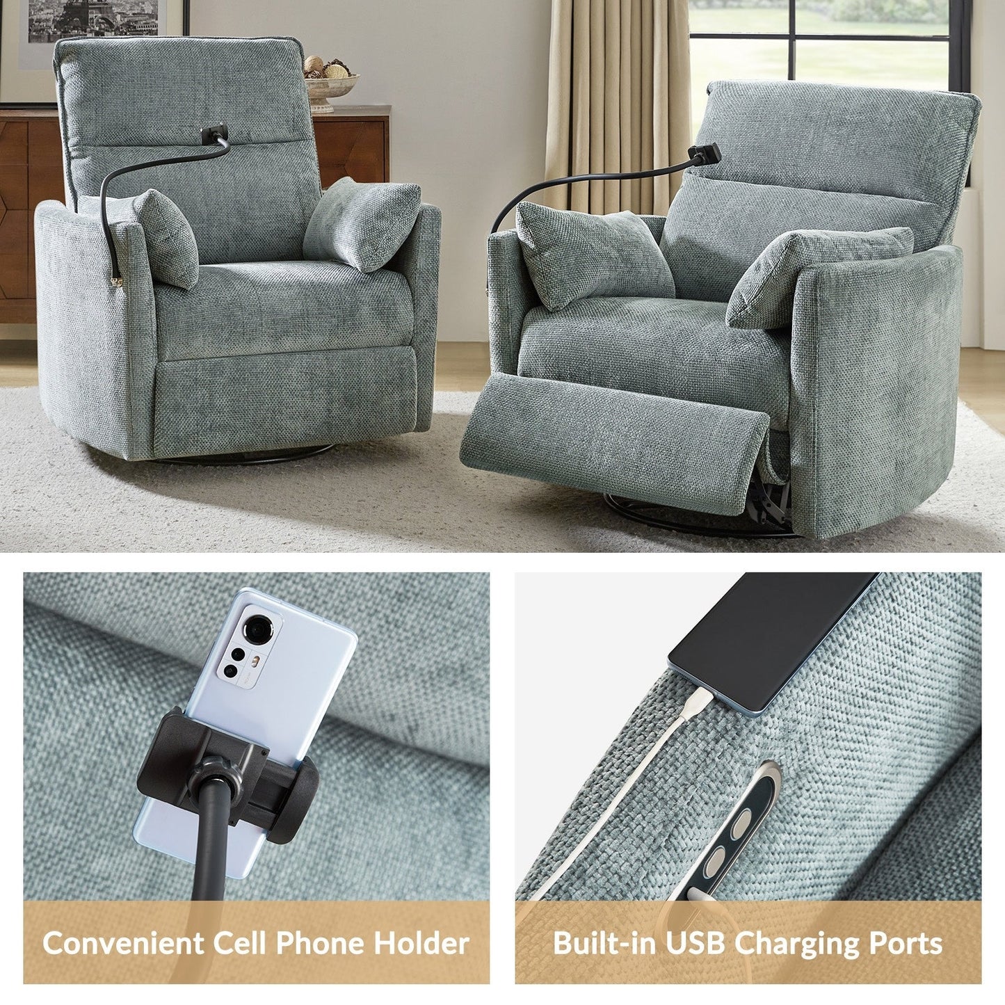 Poltrona reclinabile girevole a dondolo Barry Modern 38 con porte USB di HULALA HOME