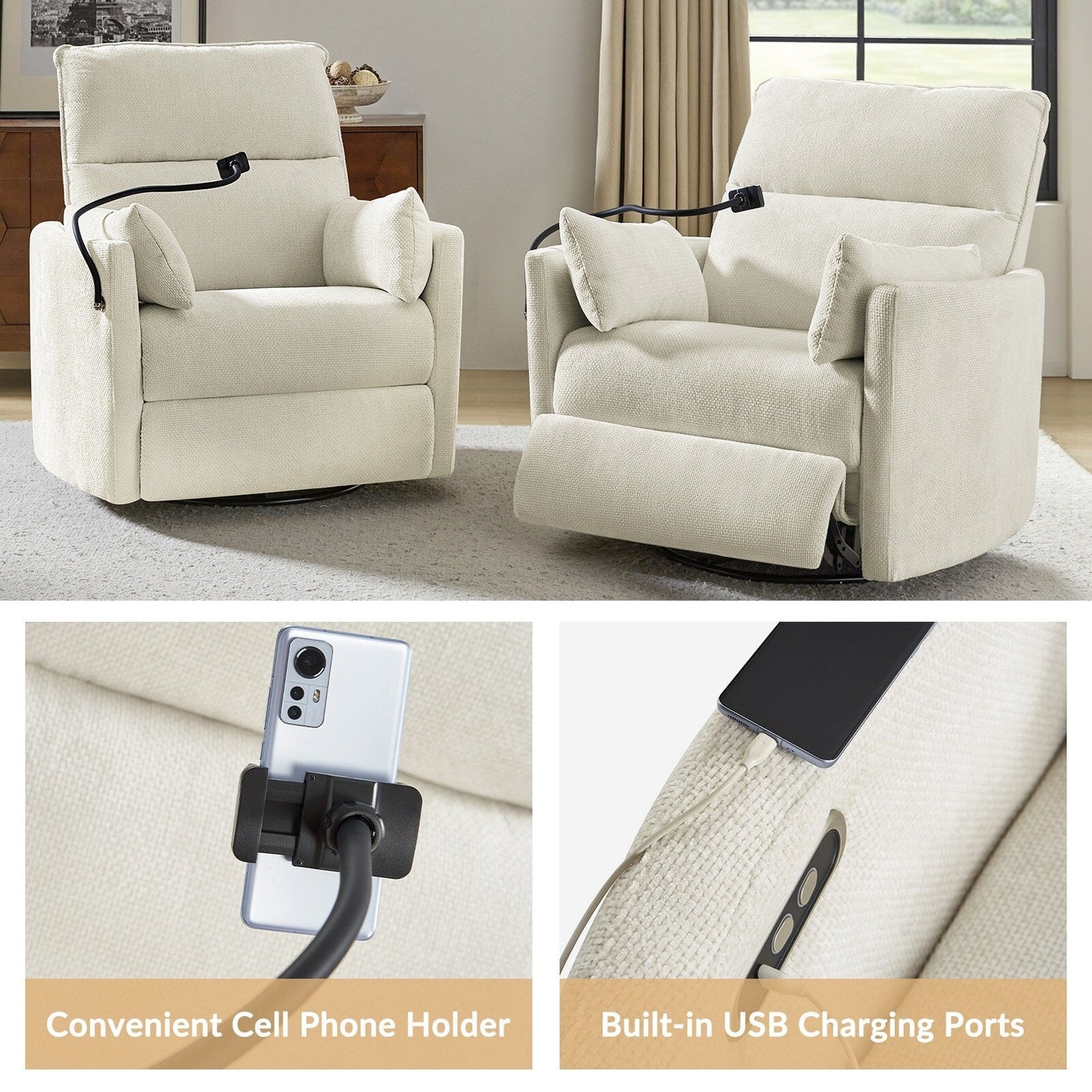 Poltrona reclinabile girevole a dondolo Barry Modern 38 con porte USB di HULALA HOME