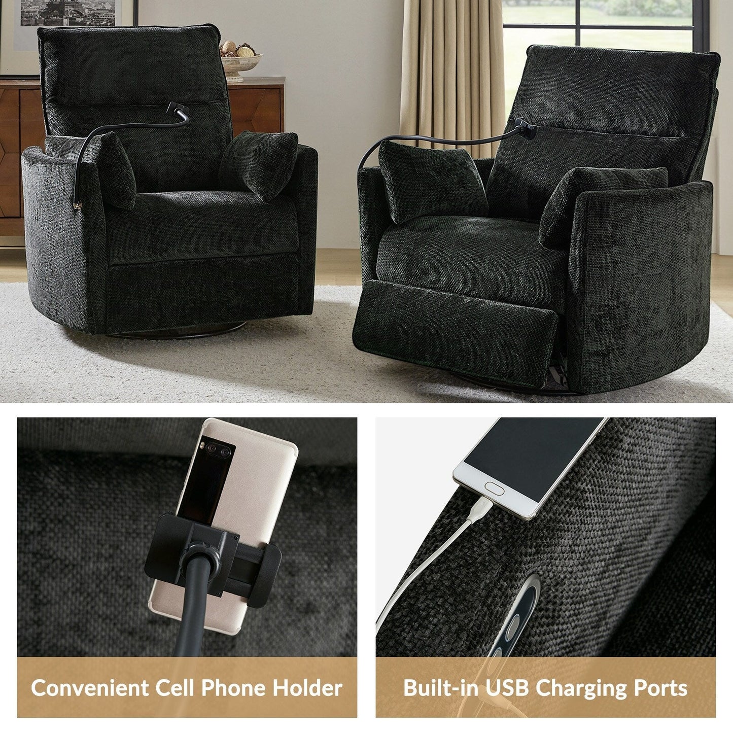 Poltrona reclinabile girevole a dondolo Barry Modern 38 con porte USB di HULALA HOME