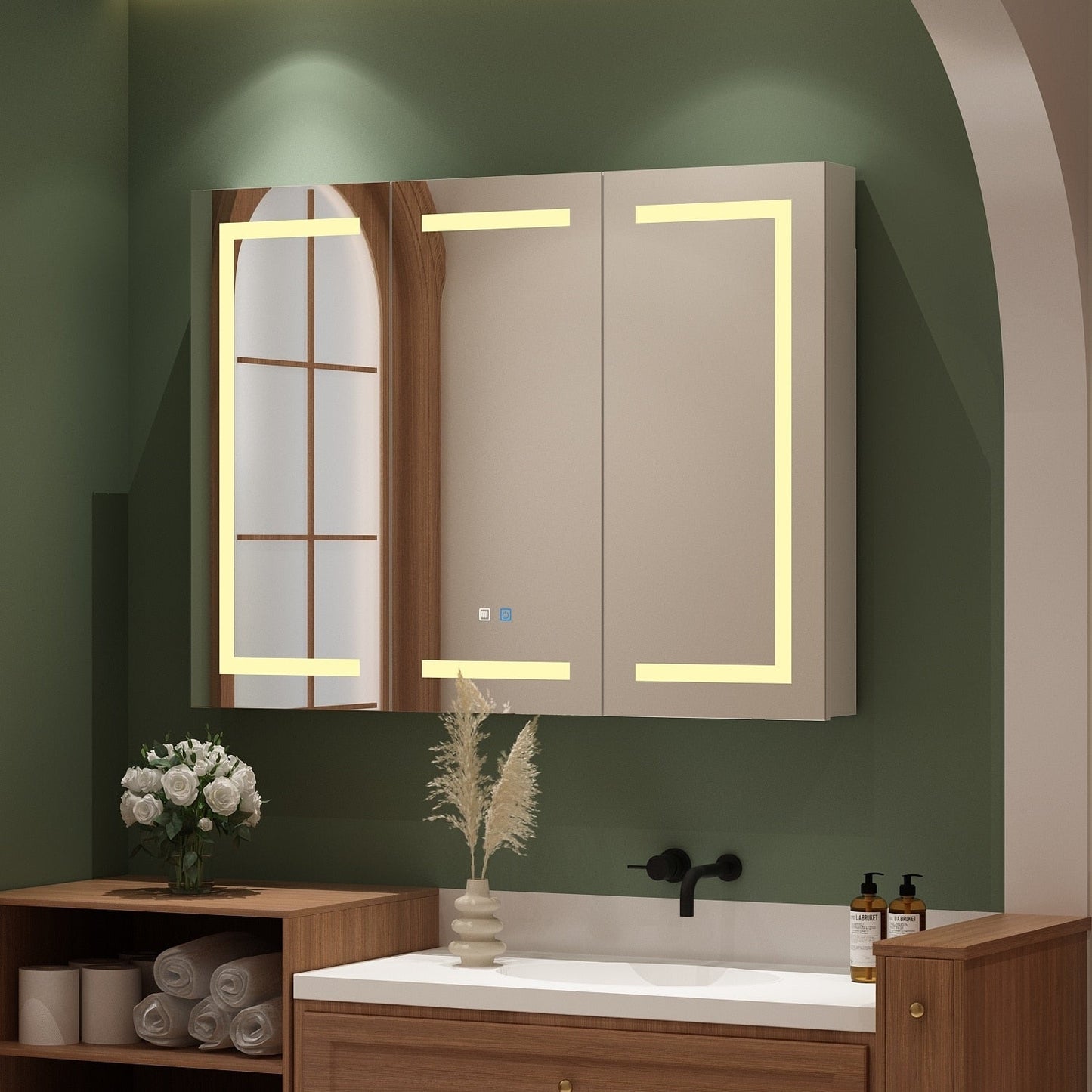Mobiletto per medicinali da bagno con specchio LED antiappannamento 6000K, mobiletto da parete bianco