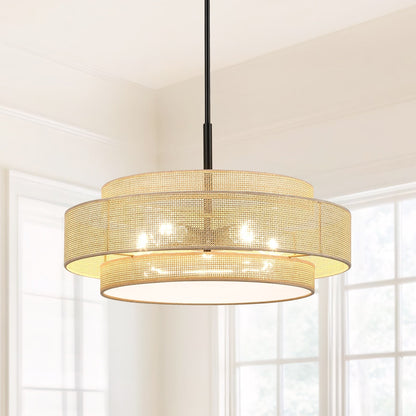 Lampadario Bayou a tamburo costiero nero a 5 luci con doppio paralume in rattan - 24''W