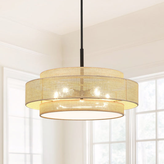 Lampadario Bayou a tamburo costiero nero a 5 luci con doppio paralume in rattan - 24''W