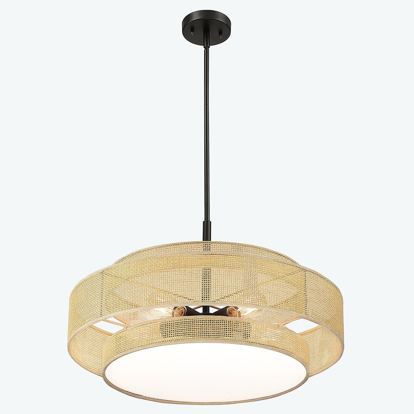 Lampadario Bayou a tamburo costiero nero a 5 luci con doppio paralume in rattan - 24''W