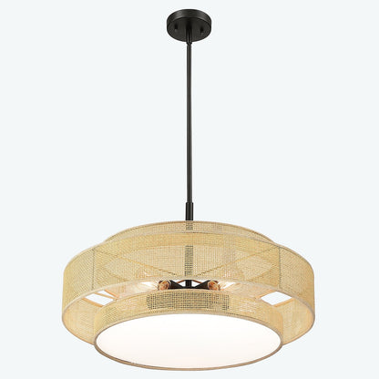 Lampadario Bayou a tamburo costiero nero a 5 luci con doppio paralume in rattan - 24''W