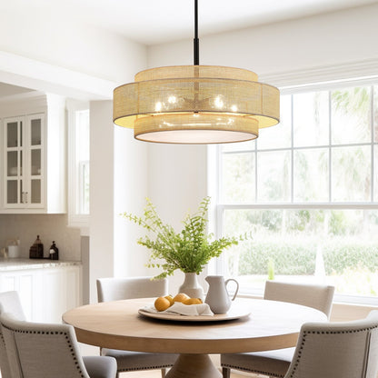 Lampadario Bayou a tamburo costiero nero a 5 luci con doppio paralume in rattan - 24''W