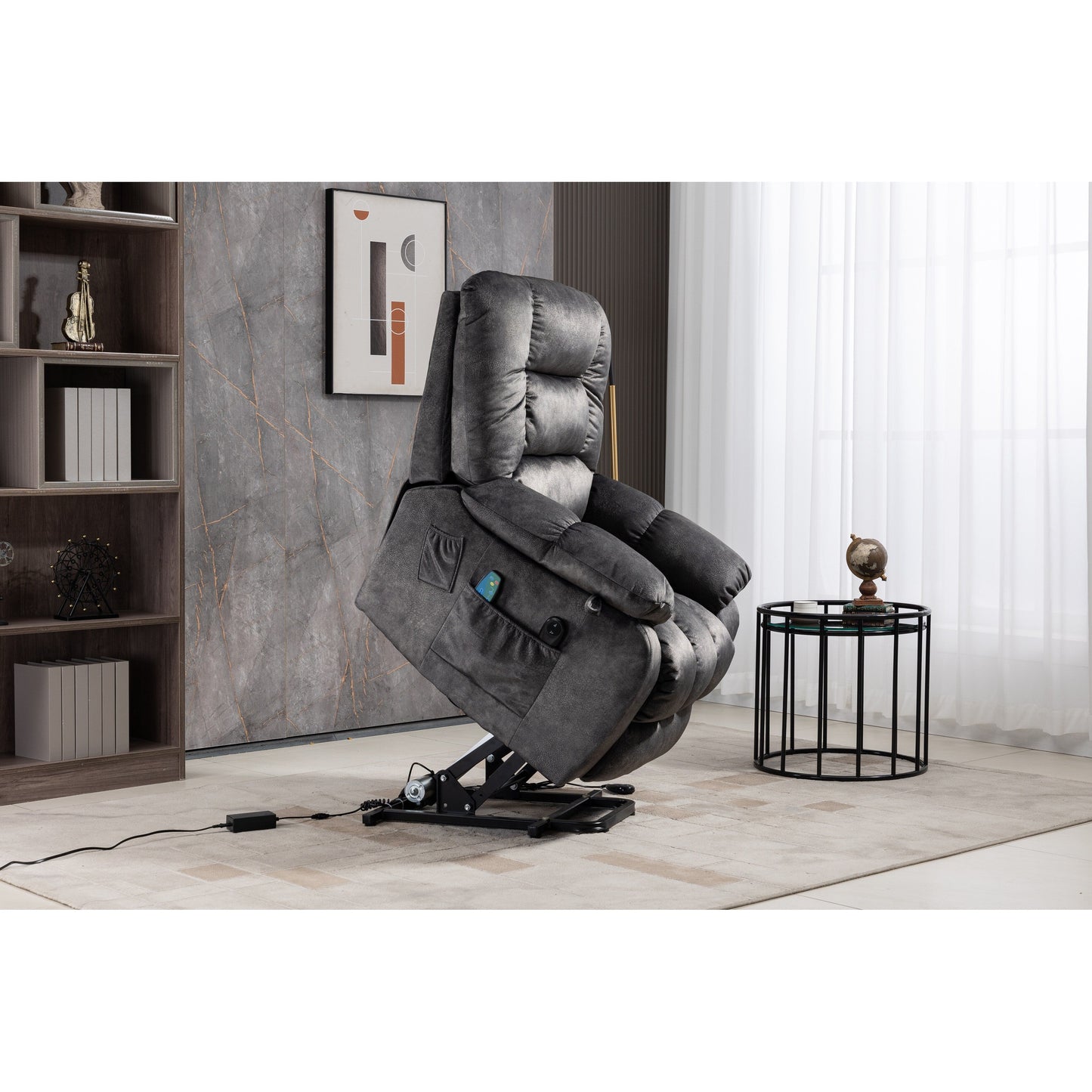 Poltrona reclinabile elettrica Beacon Grey Oversize in ciniglia con massaggio a 8 punti e riscaldamento lombare