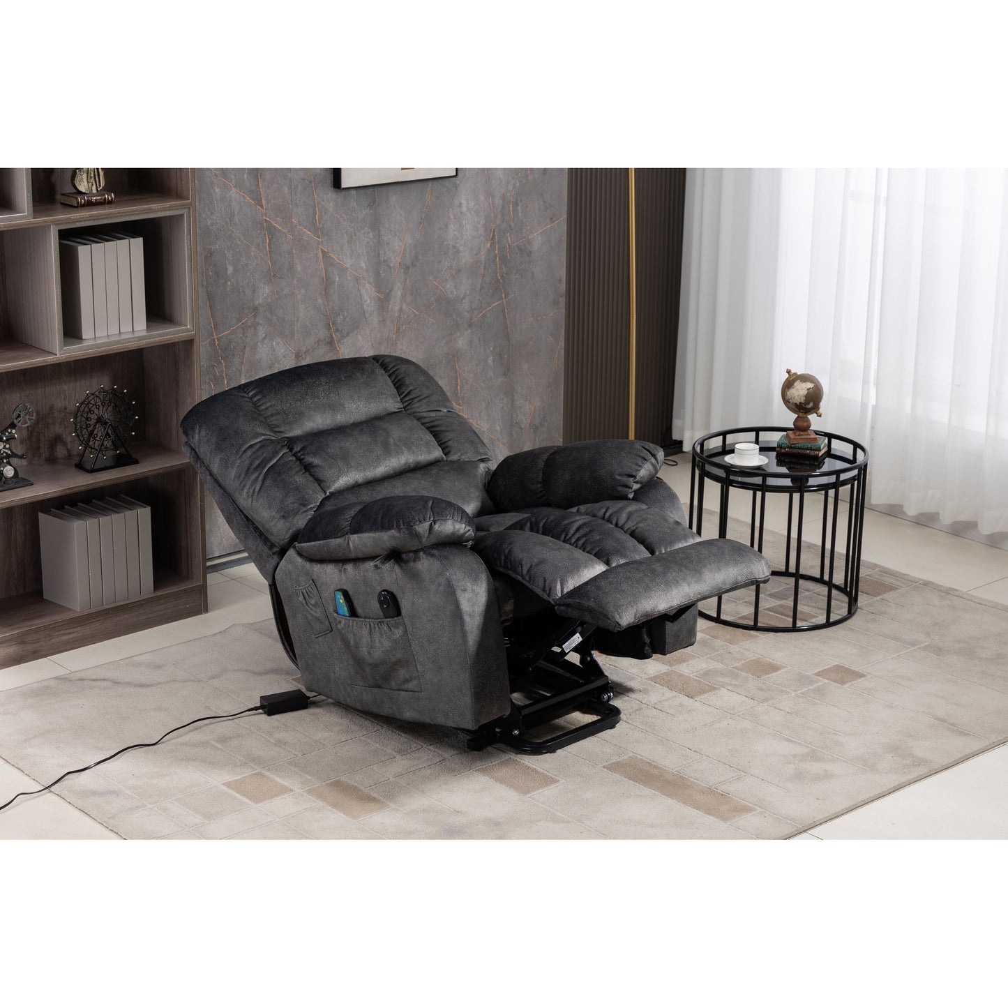 Poltrona reclinabile elettrica Beacon Grey Oversize in ciniglia con massaggio a 8 punti e riscaldamento lombare