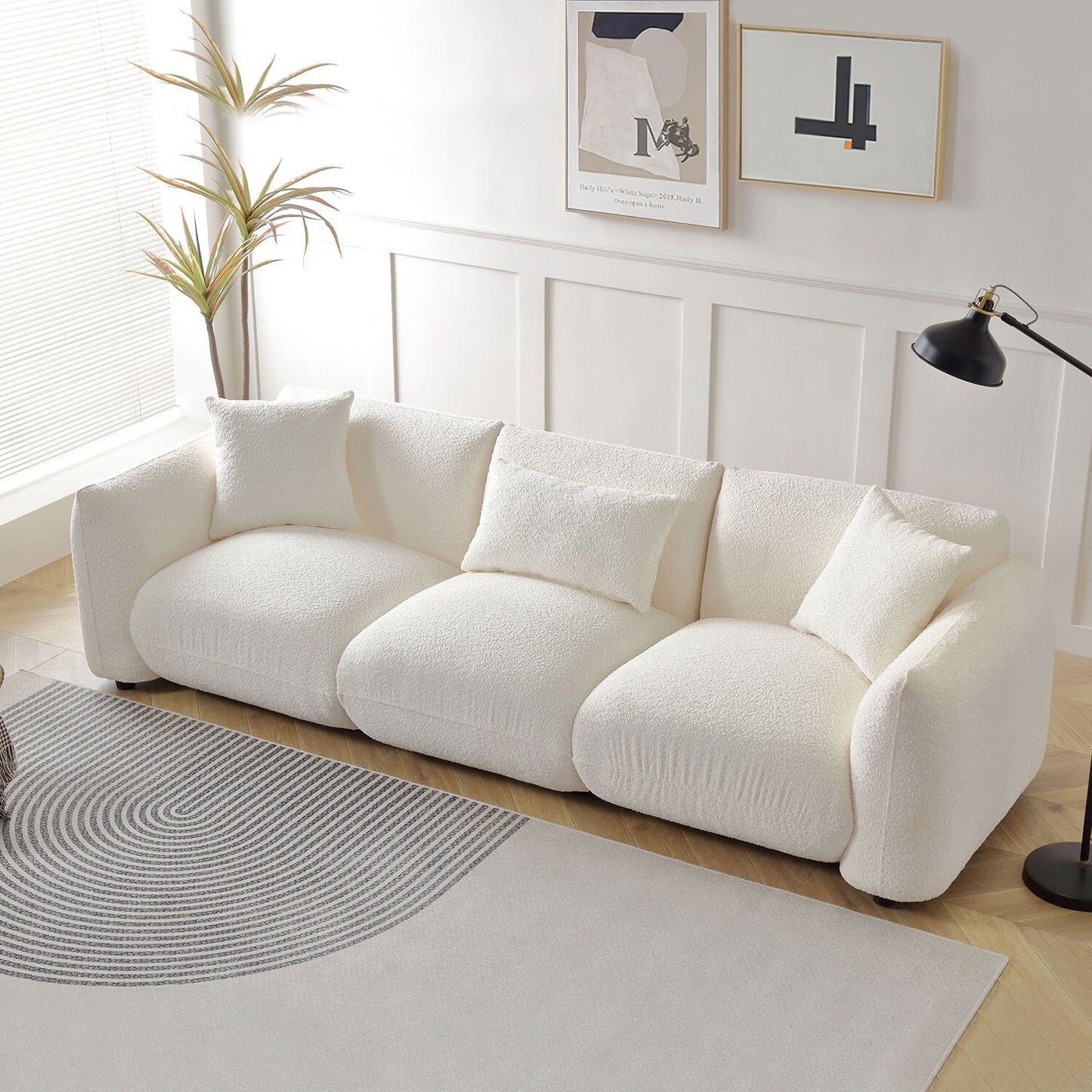 Divano in tessuto bouclé beige da 102,36'' con cuscini e cuscino spesso