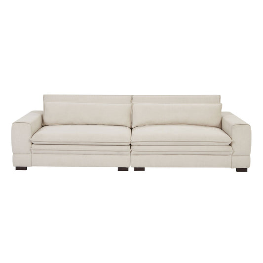 Divano in tessuto contemporaneo beige 104.72 con gambe in legno massello, design elegante per soggiorno, ufficio o appartamento