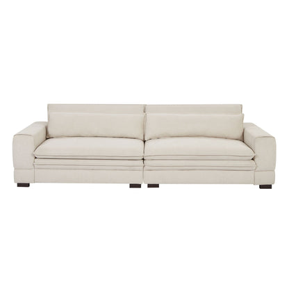 Divano moderno in tessuto beige 104.72 a 4 posti con schienale imbottito, gambe in legno massello e struttura robusta per soggiorno