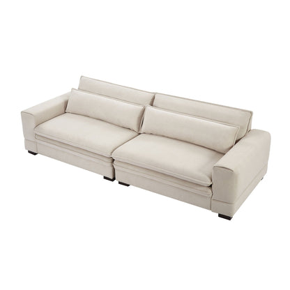 Divano moderno in tessuto beige 104.72 a 4 posti con schienale imbottito, gambe in legno massello e struttura robusta per soggiorno