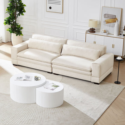 Divano moderno in tessuto beige 104.72 a 4 posti con schienale imbottito, gambe in legno massello e struttura robusta per soggiorno