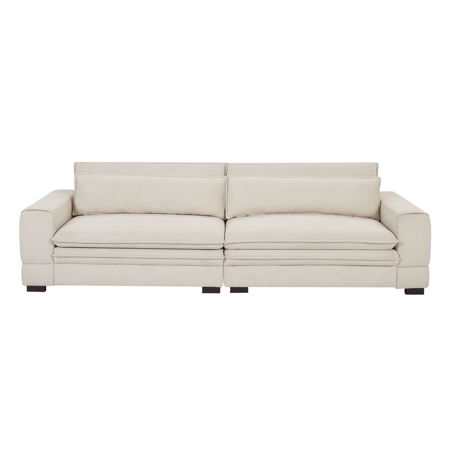 Divano moderno in tessuto beige 104.72 a 4 posti con schienale imbottito, gambe in legno massello, struttura robusta, per soggiorno