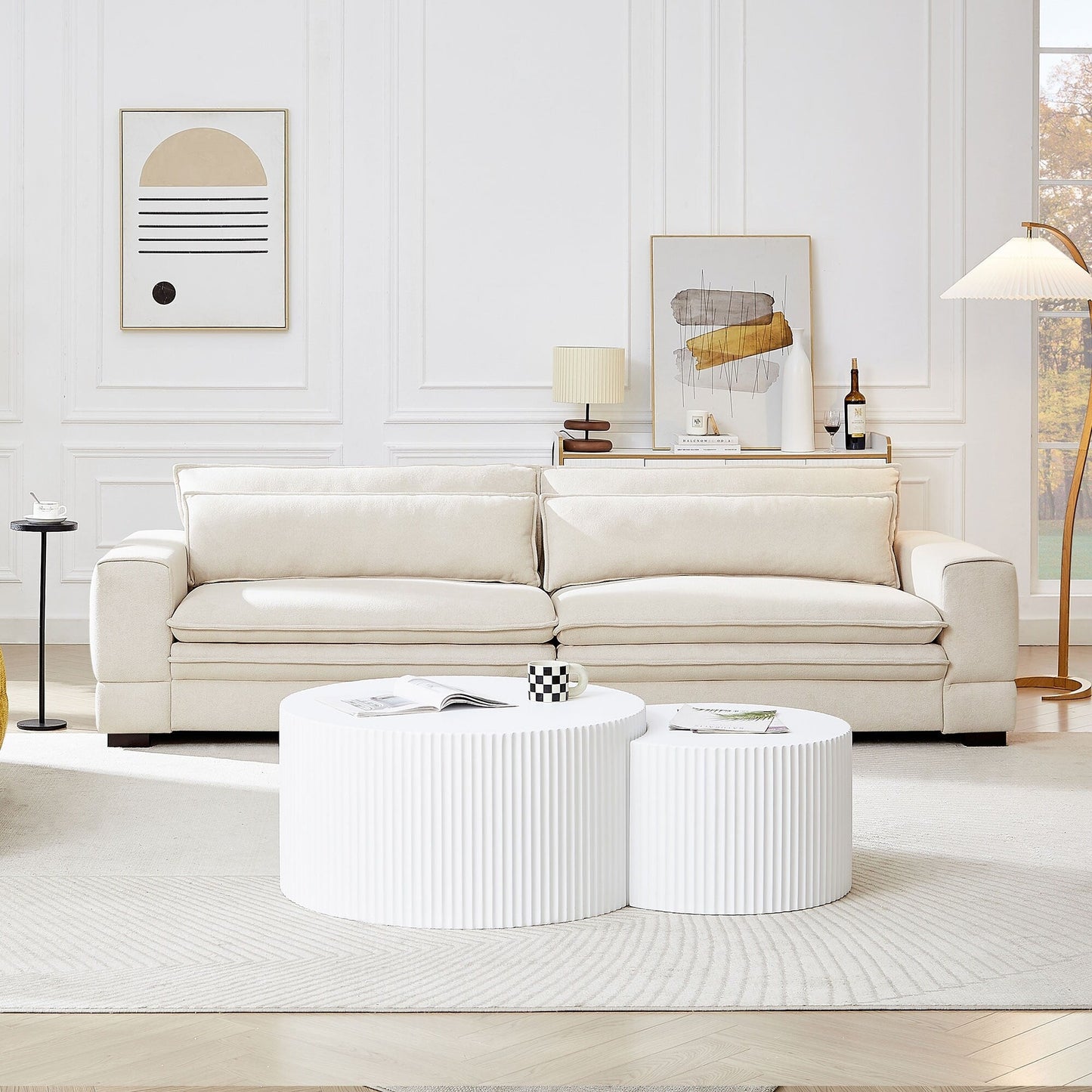 Divano moderno in tessuto beige 104.72 a 4 posti con schienale imbottito, gambe in legno massello, struttura robusta, per soggiorno
