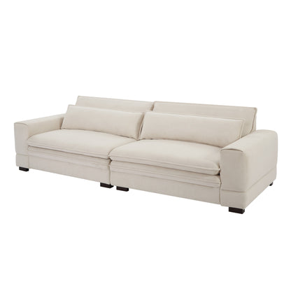 Divano moderno in tessuto beige 104.72 a 4 posti con schienale imbottito, gambe in legno massello, struttura robusta, per soggiorno