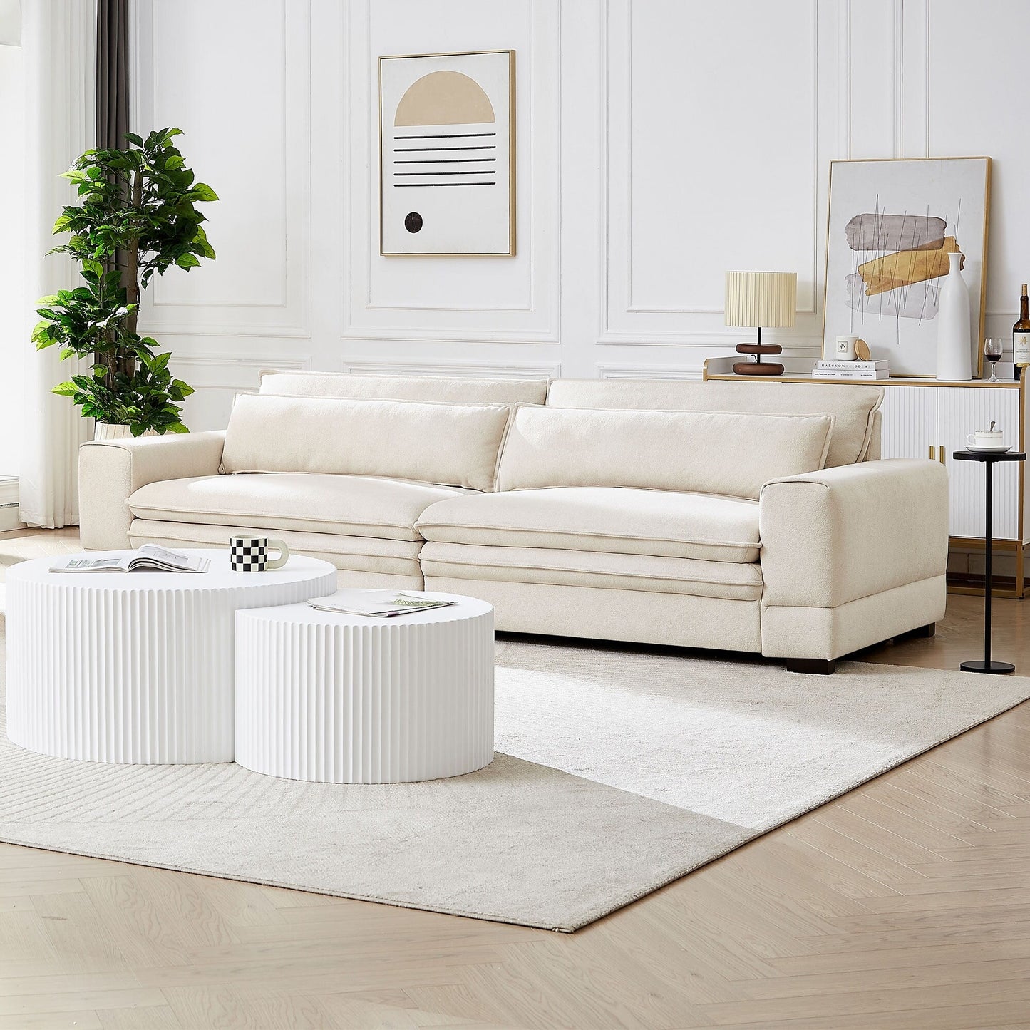 Divano moderno in tessuto beige 104.72 a 4 posti con schienale imbottito, gambe in legno massello, struttura robusta, per soggiorno