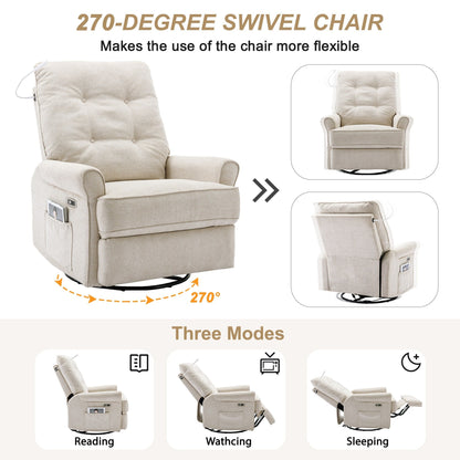 Poltrona reclinabile girevole beige a 270° con porte di ricarica USB, lampada touch, base basculante e tasca portaoggetti laterale