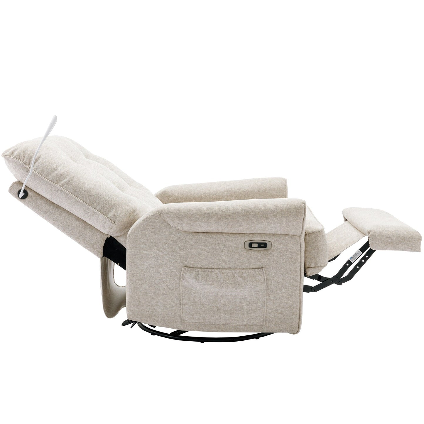 Poltrona reclinabile beige girevole a 270° con porte USB, base oscillante, tasca laterale e lampada touch per uso domestico