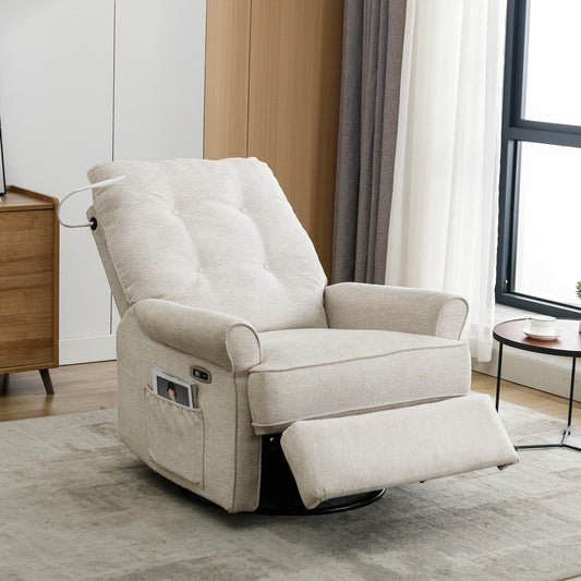 Poltrona reclinabile beige girevole a 270° con porte USB, base basculante, tasca laterale e lampada touch per soggiorno o camera da letto