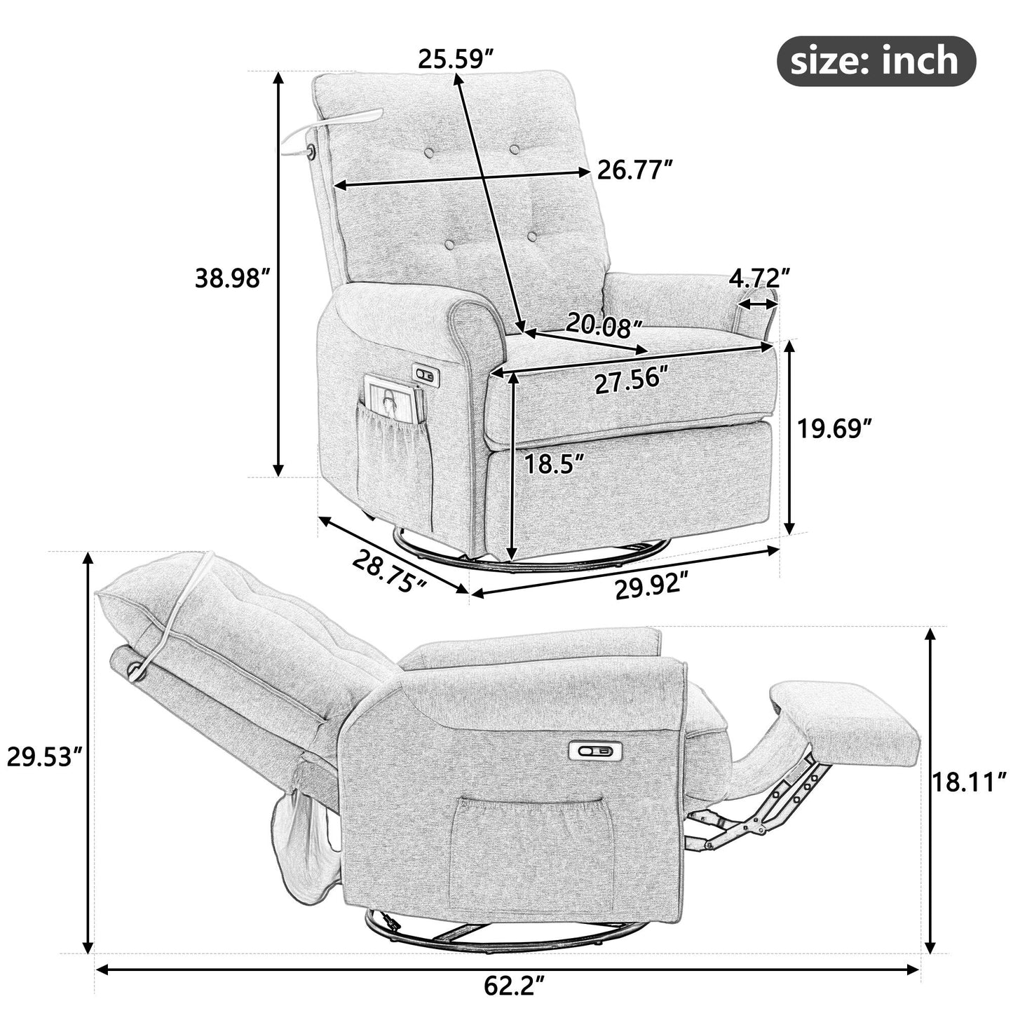 Poltrona reclinabile beige girevole a 270° con USB, base basculante e tasca laterale