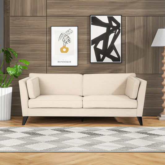 Divano beige a 3 posti con gambe in legno di betulla e cuscini laterali